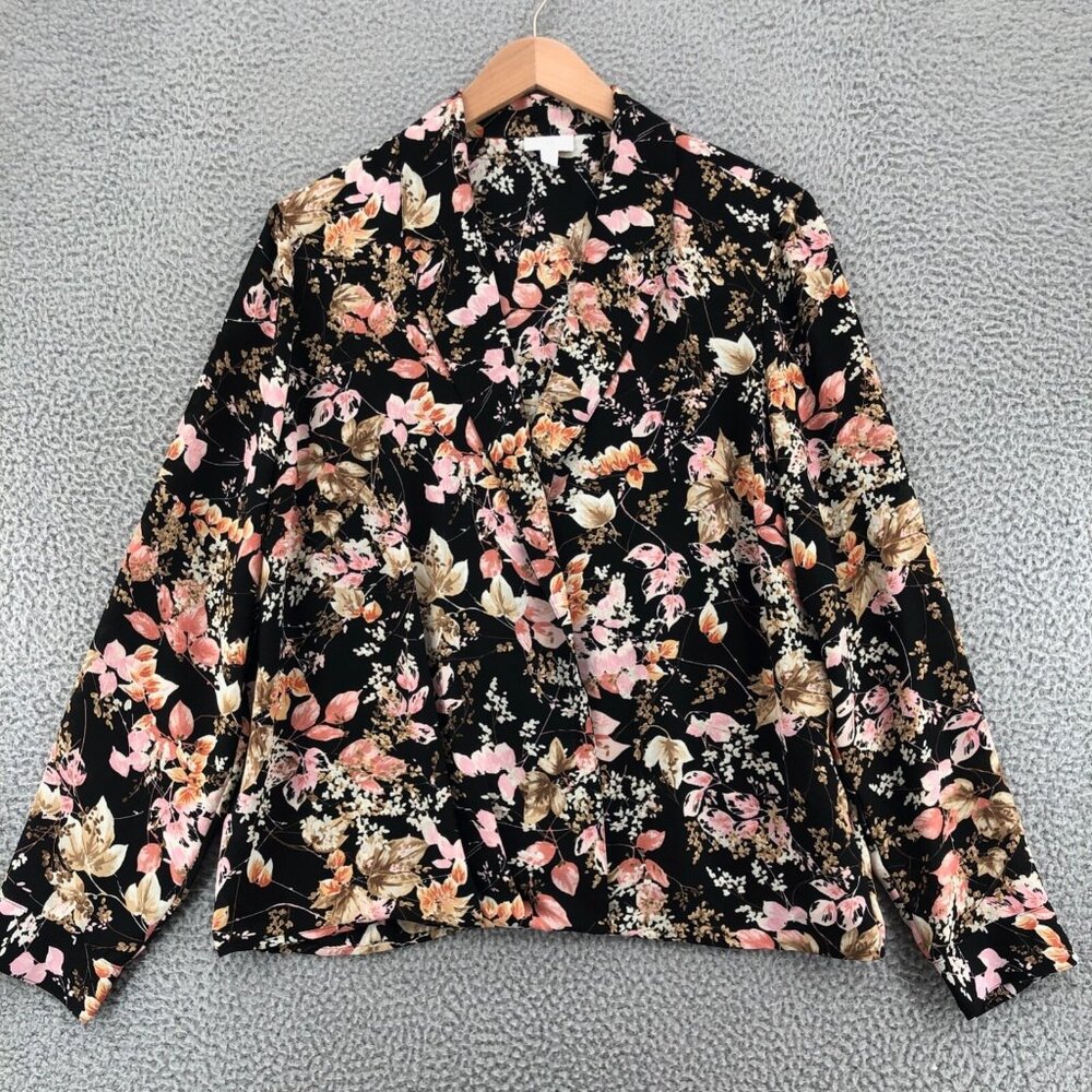 J. Jill Black Floral Button-Front Blouse with Pink and Tan Blooms